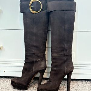 Gucci Black Heeled Boots with Gold Accent